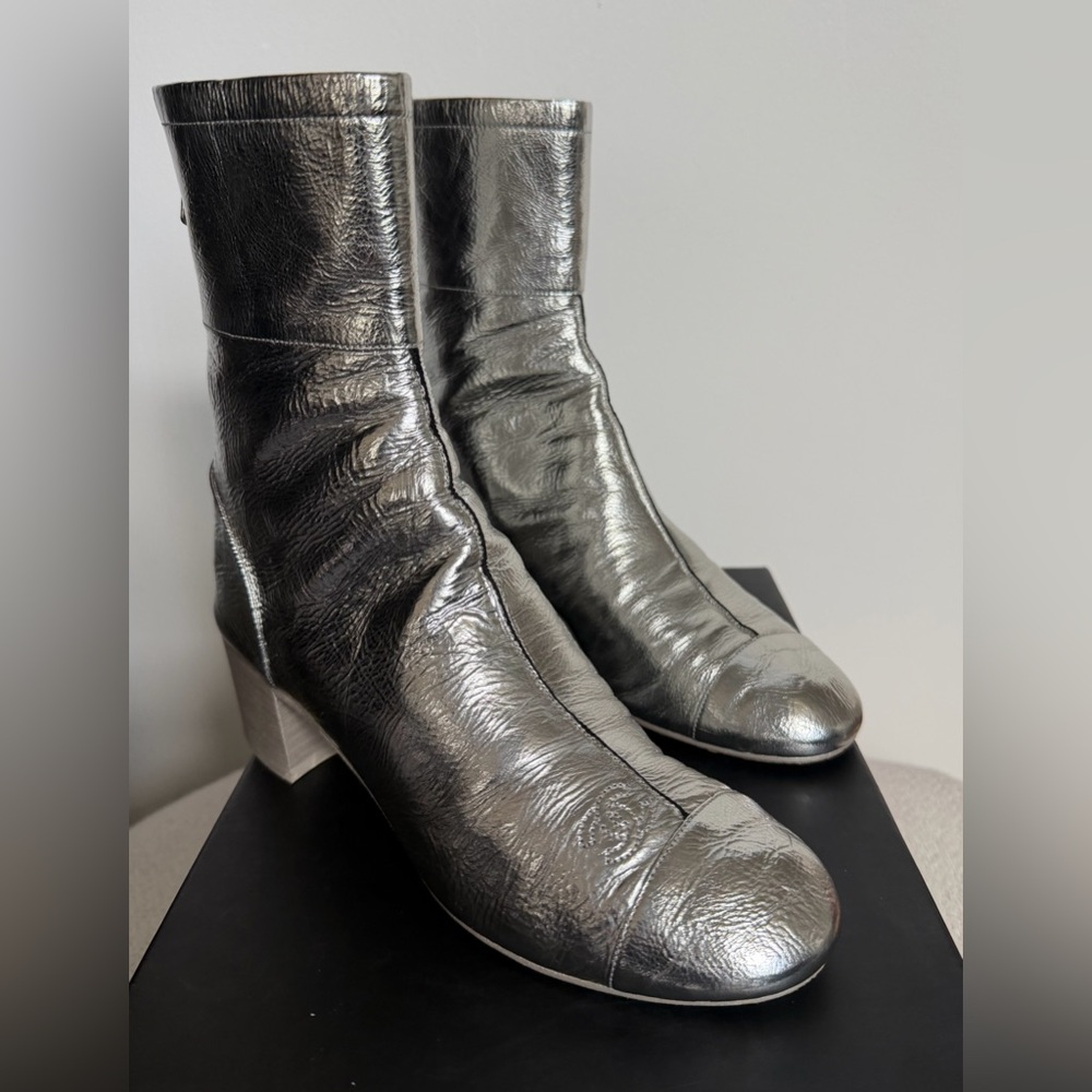 CHANEL Metallic Silver Heeled Ankle Boots